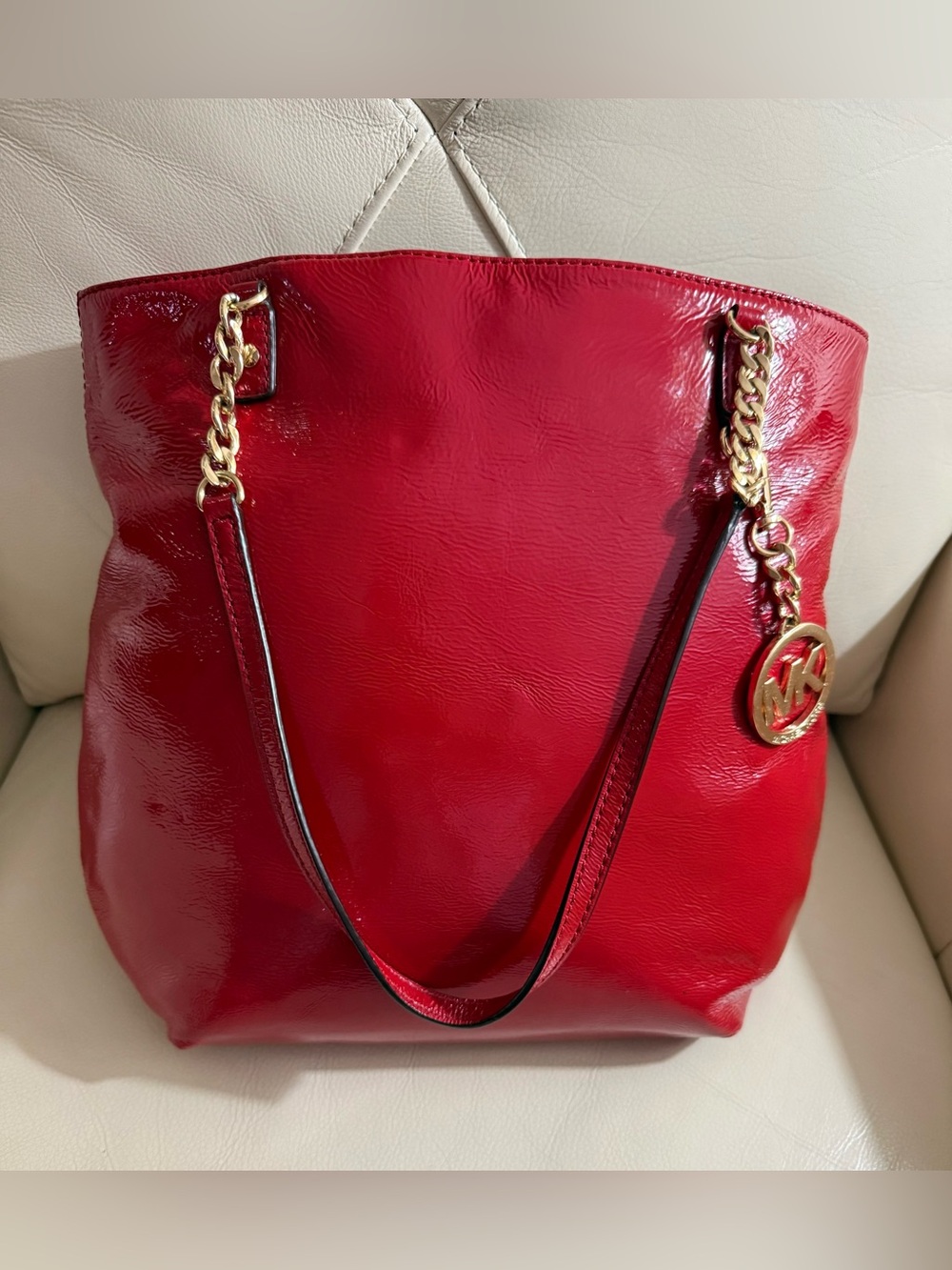 Michael Kors Shiny Red Patent Leather Tote with Gold Chain Handles